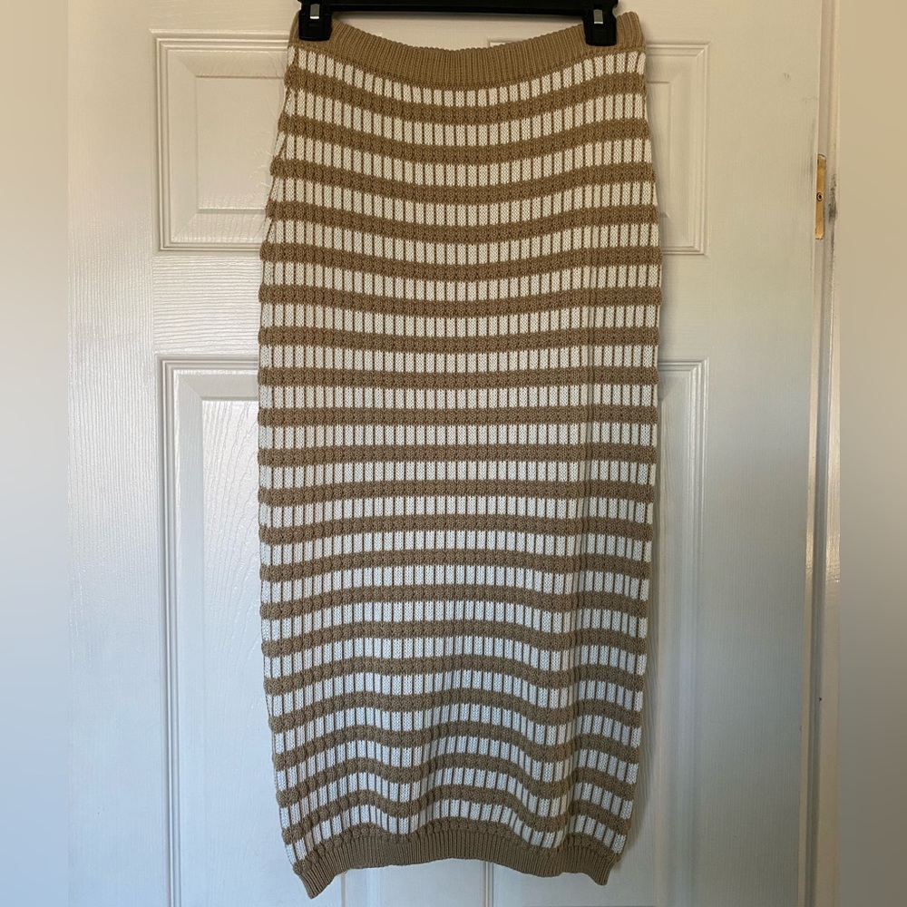 Tan and White Striped Knit Midi Skirt